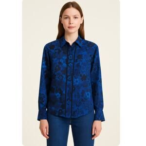 Equipment Femme SZ XS 100% Silk Floral Button Front Shirt Sheer Sleeves in Blue